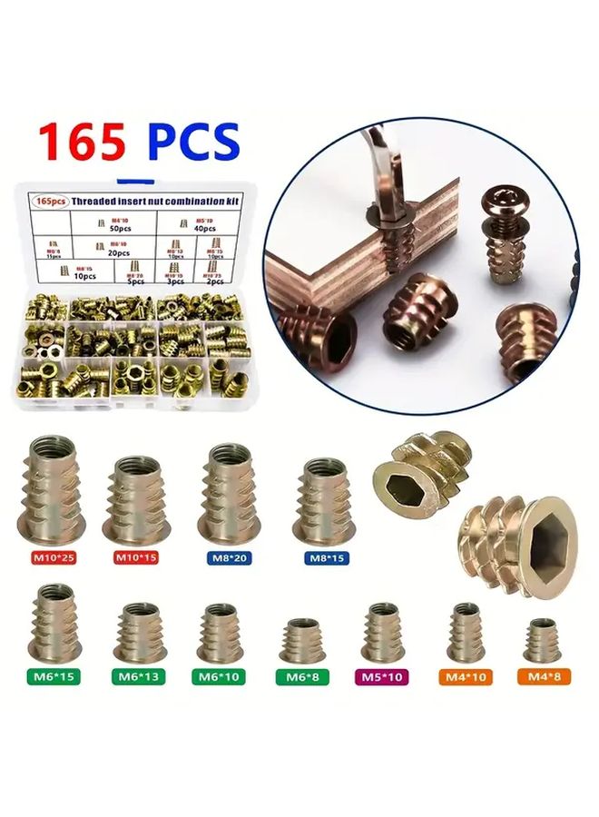 165pcs Heavy Duty Wood Thread Insert Kit With Zinc Coated Bolts Nuts For Furniture Assembly - Image 1