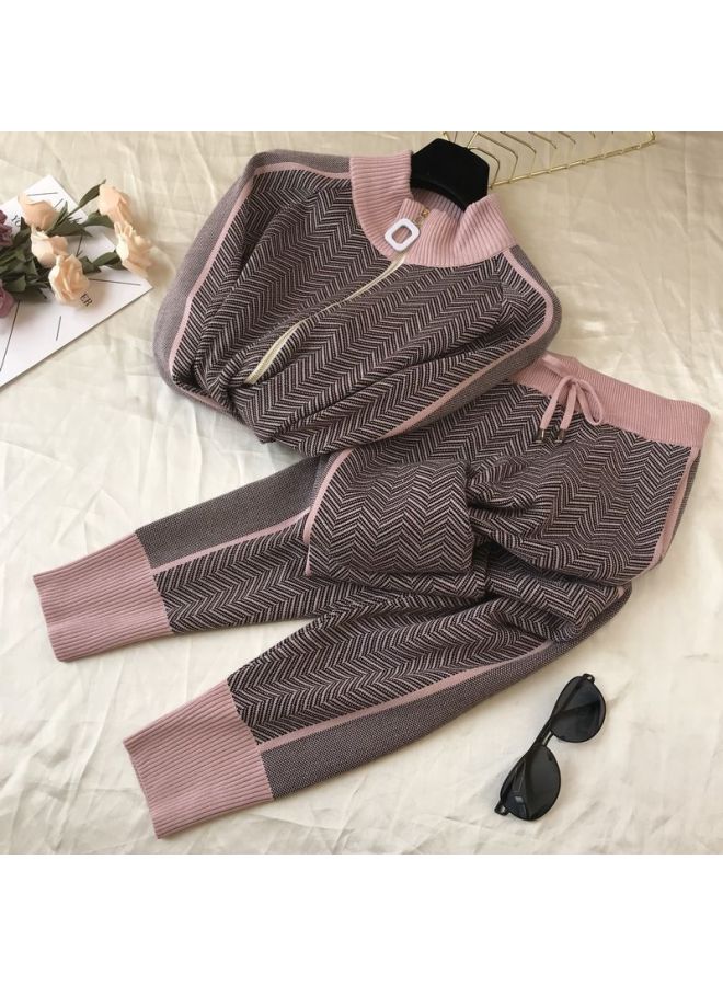 European Station Spring And Autumn Fashion Western Style Small Fragrant Style Slimming Zipper Pattern Knitted Casual Sports Two-piece Suit For Women 
