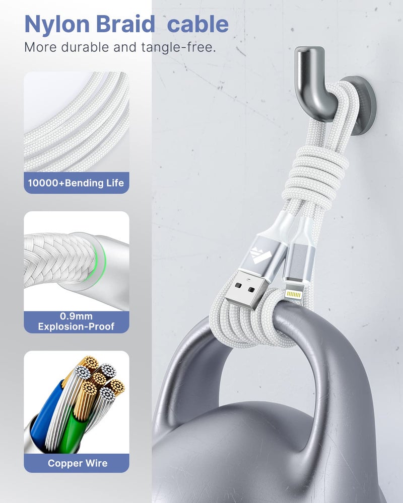 اييونوس كابل شاحن آيفون بطول 2 متر، كابل USB A إلى Lightning معتمد MFi، كابل شحن سريع للآيفون مضفر من النايلون متوافق مع آيفون 14، 13، 12، 11، برو ماكس، ميني، XS، XR، X، 8، 7 بلس، آيباد. - Image 4