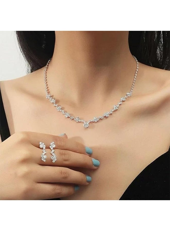 مجموعة مجوهرات مرصعة بالأحجار اللامعة، قلادة بحجر لامع أنيقة، أذن مرصعة، سوار، إكسسوارات رسمية للنساء - Image 2