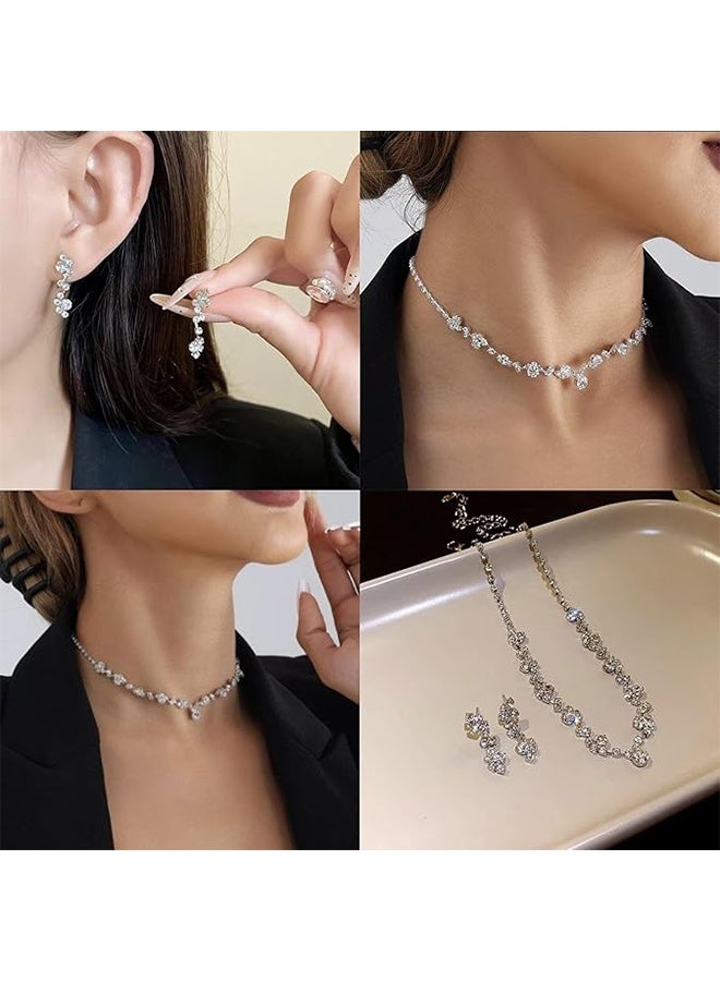 مجموعة مجوهرات مرصعة بالأحجار اللامعة، قلادة بحجر لامع أنيقة، أذن مرصعة، سوار، إكسسوارات رسمية للنساء - Image 3