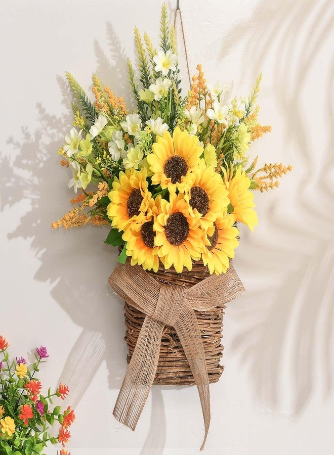 Dolicer Door Hanger Basket Wreath, 15.7 Inch Hanging Sunflower Wreath Front Door Wreath, Beautiful Spring Summer Wreaths for Front Door Welcome Sign Home Porch Courtyard Farmhouse Decor (Yellow) - Image 2