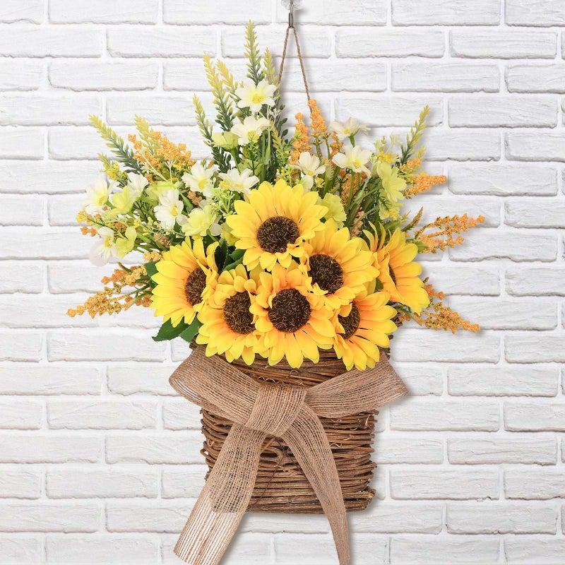 Dolicer Door Hanger Basket Wreath, 15.7 Inch Hanging Sunflower Wreath Front Door Wreath, Beautiful Spring Summer Wreaths for Front Door Welcome Sign Home Porch Courtyard Farmhouse Decor (Yellow) - Image 1