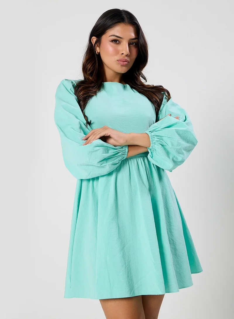 Zigzag Round Neck Puffed Sleeve Dress