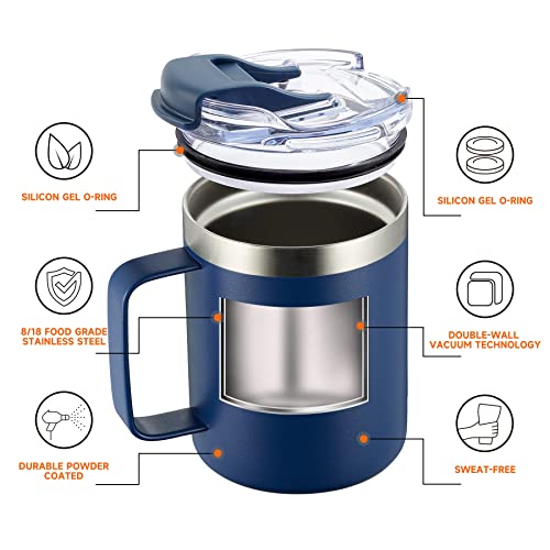 ALOUFEA 12oz Stainless Steel Insulated Coffee Mug with Handle, Double Wall Vacuum Tumbler Cup with Fliping Lid, Navy, 2 Pack - Image 2