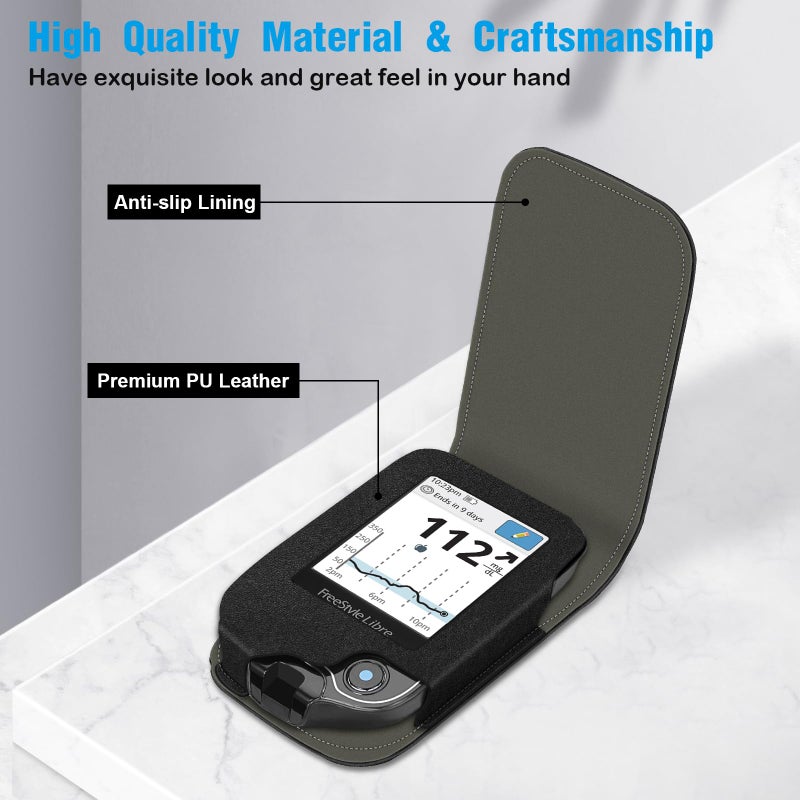 MEDMAX PU Leather Protective Case with Detachable Hanging Lanyard for Freestyle Libre 3 2 / Libre Reader, Lightweight Shockproof Diabetic Storage Neck Sling Carrying Case with Carabiner Clip (Black) - Image 2