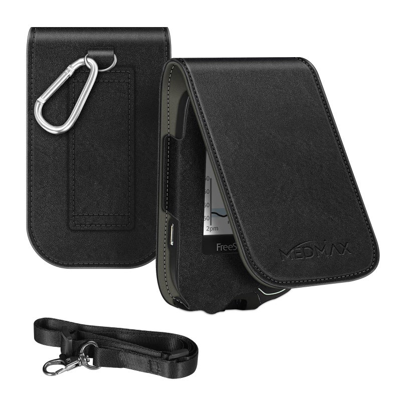 MEDMAX PU Leather Protective Case with Detachable Hanging Lanyard for Freestyle Libre 3 2 / Libre Reader, Lightweight Shockproof Diabetic Storage Neck Sling Carrying Case with Carabiner Clip (Black) - Image 1