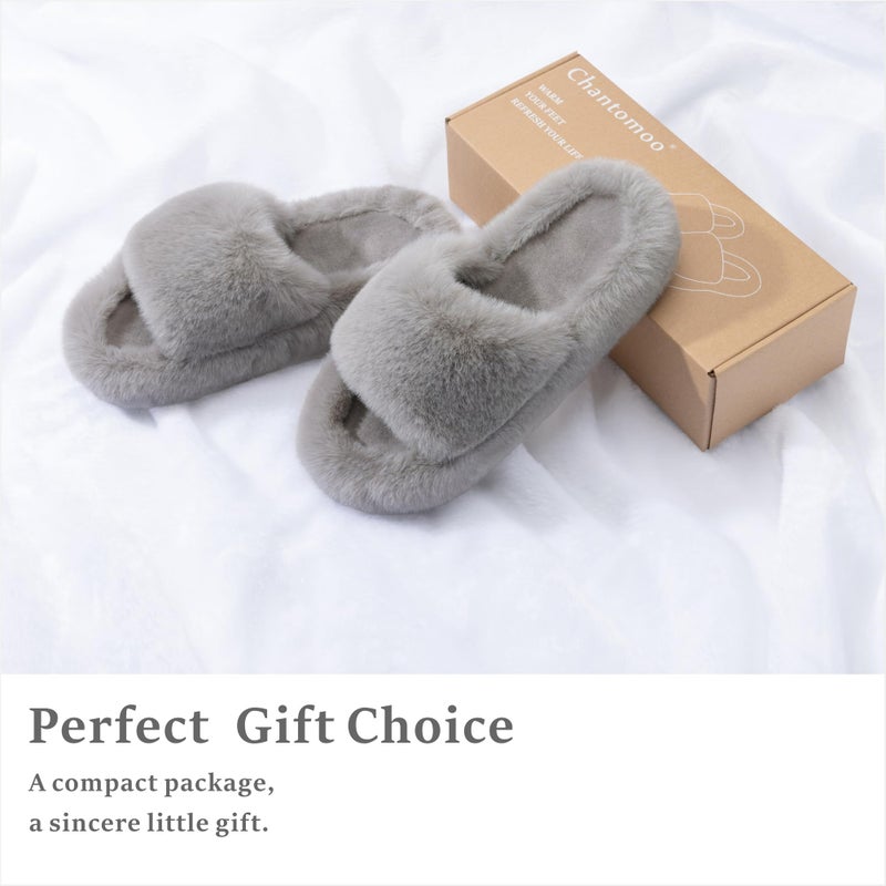 Chantomoo Women's Grey Fuzzy Plush Slippers Size 7-8 - Image 5