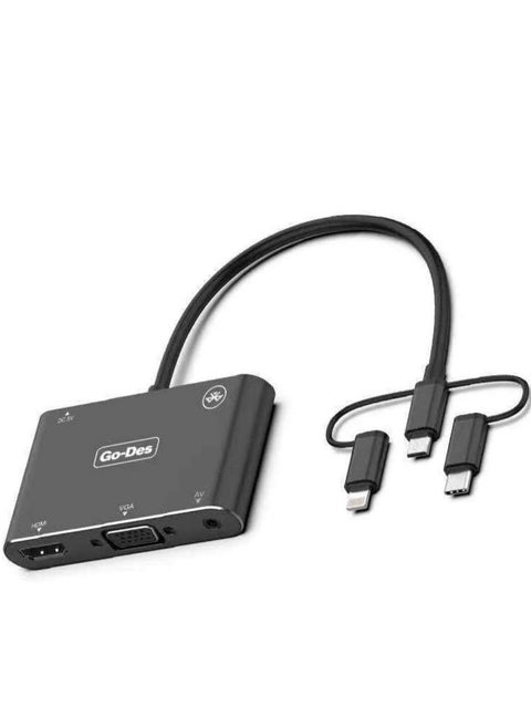 "5-in-1 Mobile HD Screen Player Adapter GD-8762 – USB-C, Lightning, Micro USB to HDTV, VGA, AV for Seamless Screen Mirroring"