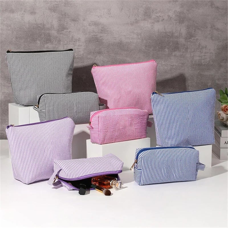Makeup Bag 2 Pcs Set Women's Cosmetic Bags Large Capacity Ladies Stripe Toiletry Bag Makeup Case Travel Female Storage Handbag Clutch Purse for Storing Cosmetics(Black) - Image 2