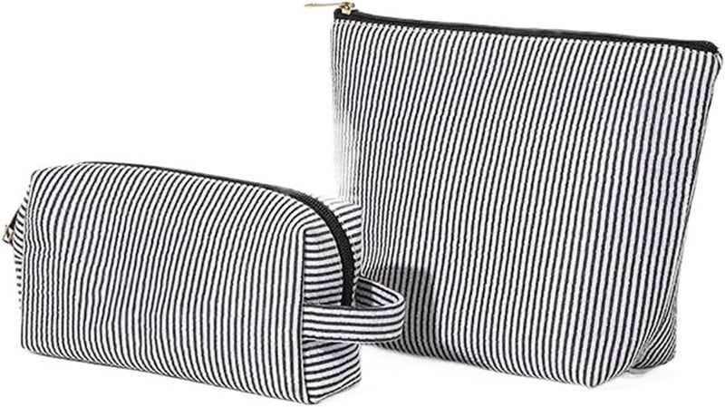 Makeup Bag 2 Pcs Set Women's Cosmetic Bags Large Capacity Ladies Stripe Toiletry Bag Makeup Case Travel Female Storage Handbag Clutch Purse for Storing Cosmetics(Black) - Image 1