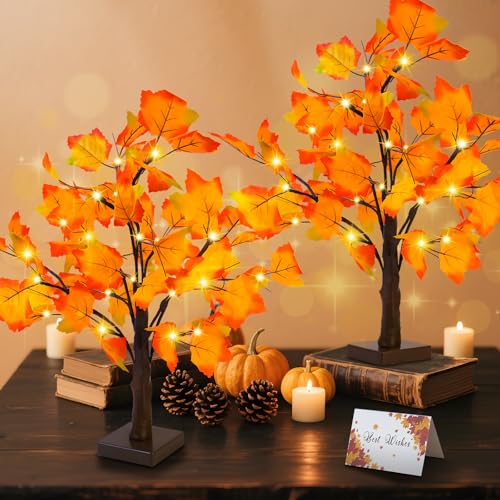 Artificial Fall Lighted Maple Tree 24 LED Thanksgiving Decorations Table Lights Battery Operated for Wedding Party Gifts Indoor Outdoor Autumn Harvest Home Decor