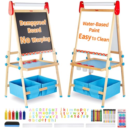 FUNLIO AntiWarping Kids Art Easel 3 Height Adjustable for Kids Aged 28 AllinOne Toddler Easel with Paper Roll Erasable Frame Standing Easel with Magnetic ChalkboardWhiteboard Blue - Image 1