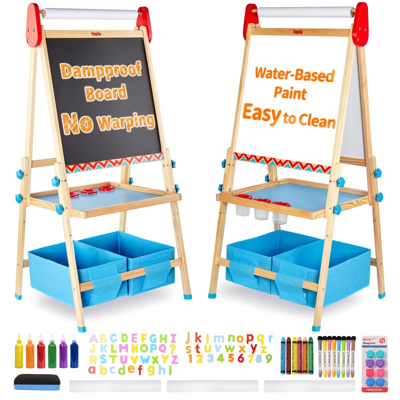 FUNLIO AntiWarping Kids Art Easel 3 Height Adjustable for Kids Aged 28 AllinOne Toddler Easel with Paper Roll Erasable Frame Standing Easel with Magnetic ChalkboardWhiteboard Blue - Image 2