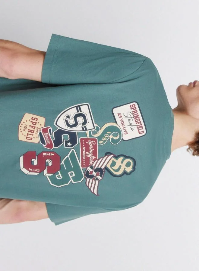 Springfield  Cotton loose fit short sleeve ribbed neck chest and back print T-shirt for Men | Best Price UAE