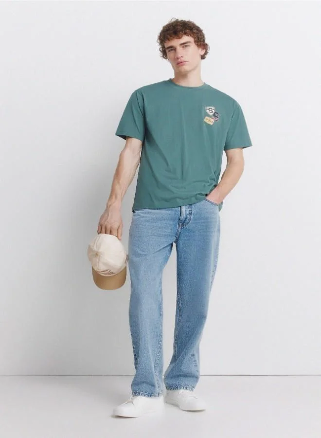 Springfield Cotton loose fit short sleeve ribbed neck chest and back print T-shirt