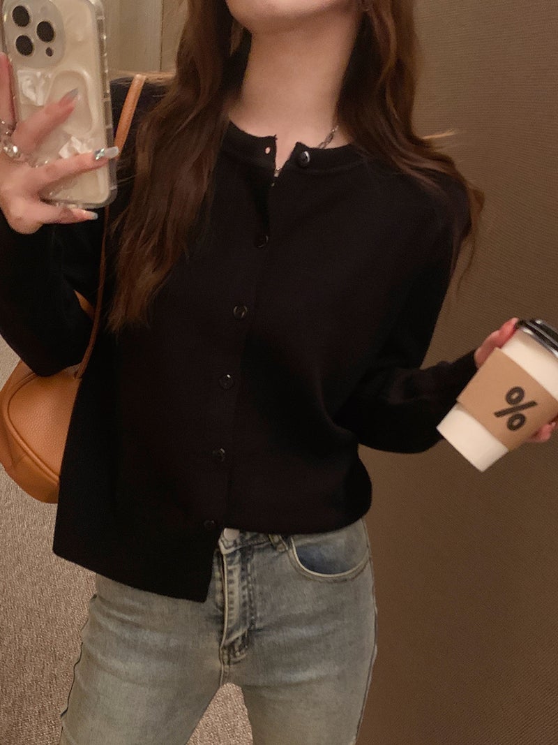 2024 سترة كروشيه نسائية فضفاضة خريفية سوداء - Image 1