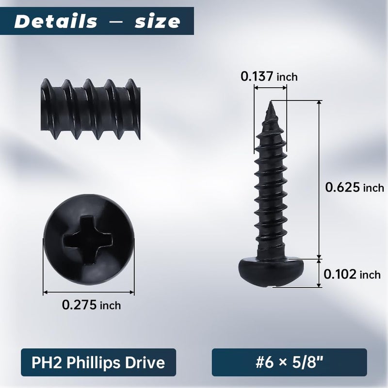 Glvaner #6 x 5/8 inch Phillips Pan Head Self Tapping Screws for Wood, Black Coated, 304 Stainless Steel 18-8, Round Head Sheet Metal Tek Screws, 100 pcs - Image 3