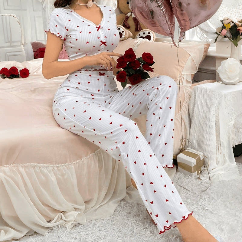 and Best-Selling Home Wear Printed Heart V Neck Short-Sleeved Pajamas for Women to Wear Outside Two-Piece Pants Set - Image 4