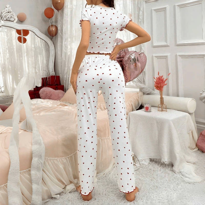 and Best-Selling Home Wear Printed Heart V Neck Short-Sleeved Pajamas for Women to Wear Outside Two-Piece Pants Set - Image 5