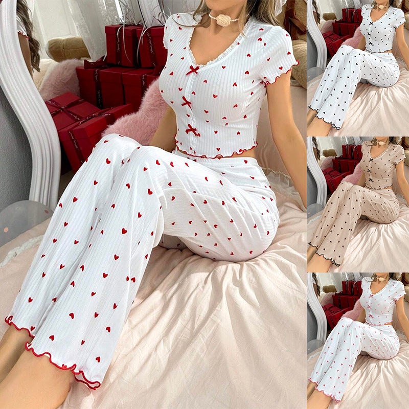 and Best-Selling Home Wear Printed Heart V Neck Short-Sleeved Pajamas for Women to Wear Outside Two-Piece Pants Set - Image 2