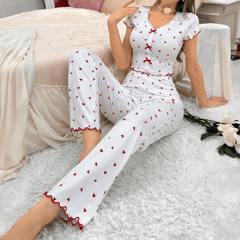 and Best-Selling Home Wear Printed Heart V Neck Short-Sleeved Pajamas for Women to Wear Outside Two-Piece Pants Set - Image 1