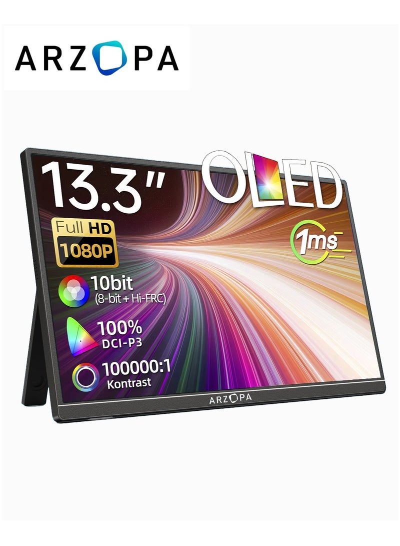 ARZOPA 13.3inch OLED Portable Monitor with FHD 10bit 100% DCI-P3 Monitor W/Adaptive Sunc Game HoR Mode for PC, MAC, Phone, Xbox, PS5 - USB C & HDMI Connectivity - Image 1