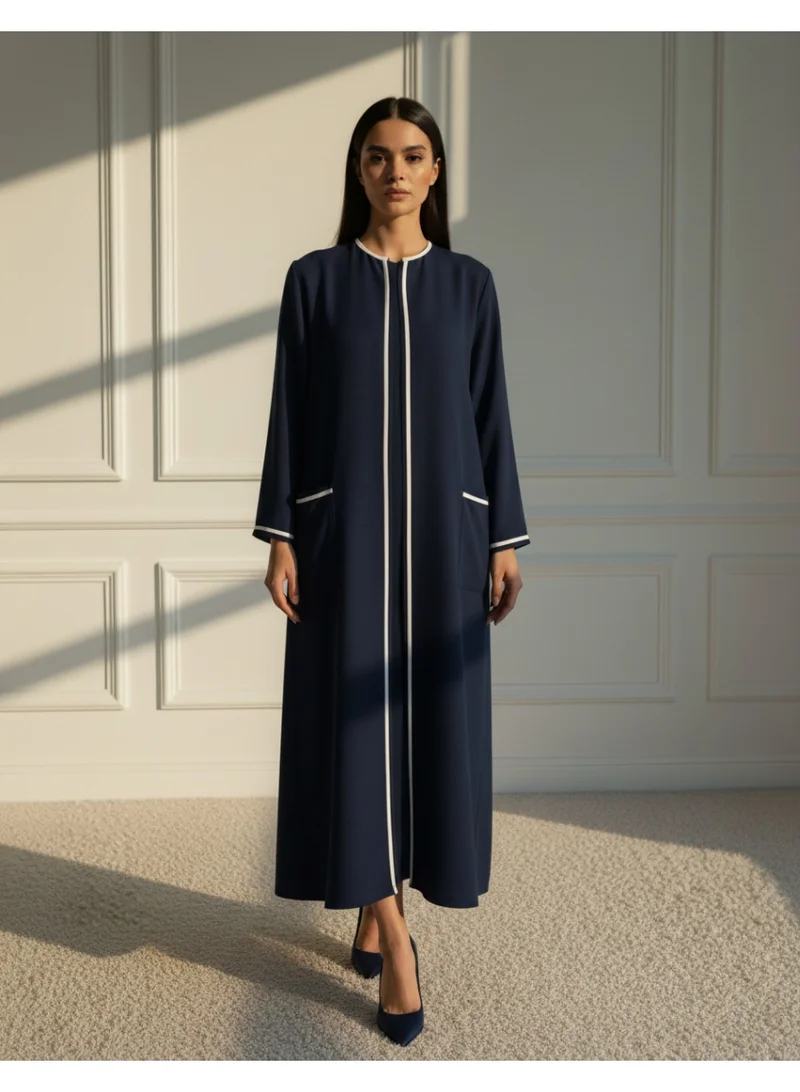 مويستريت Elegant Navy Barbie Crepe Abaya with Contrast White Piping, Dual Side Pockets & Matching Headscarf