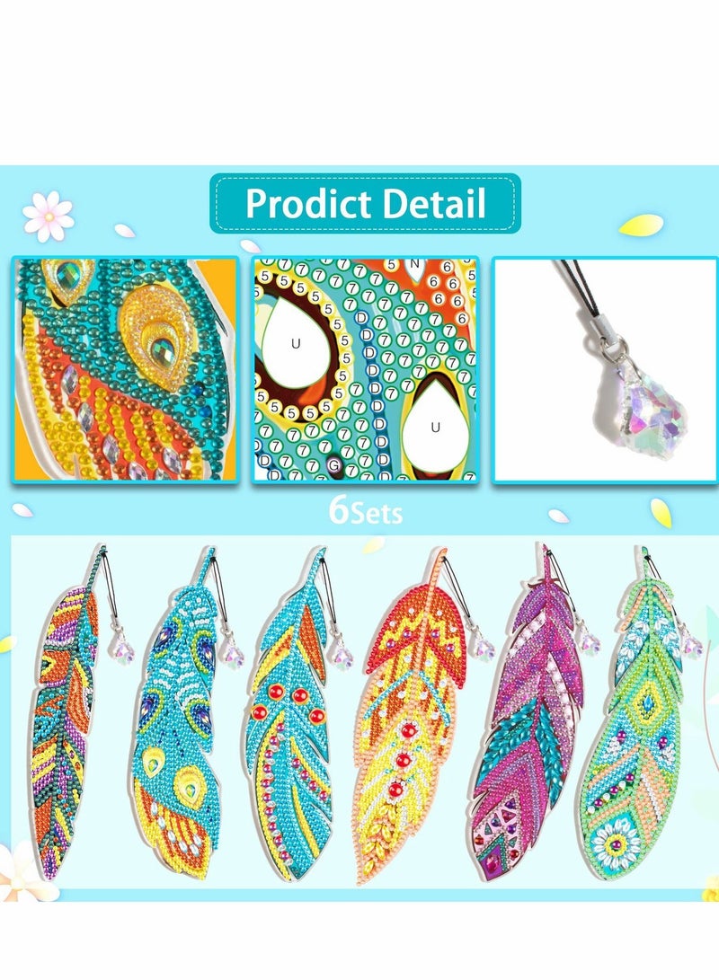 XiuWoo 5D Diamond Painting Bookmarks DIY Feather Bookmark Crystal Pendant for Home Office School Class Project, Beginner Arts Crafts Gifts Adults and Kids, 6 Pcs - Image 3