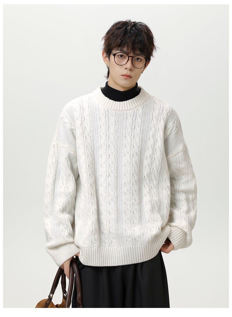 NIBEMINENT Men's Cable Knit Sweater Solid Color Vintage Design Oversized Streetwear Cozy Pullover Winter Knit Top - Image 3
