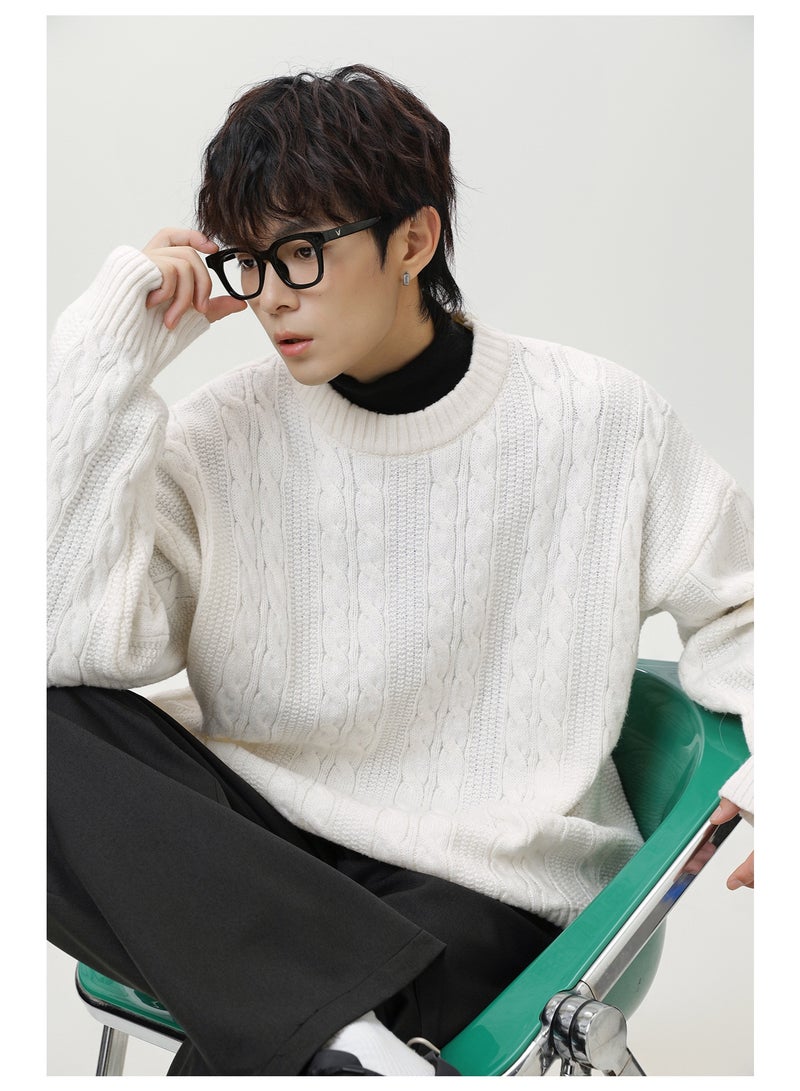NIBEMINENT Men's Cable Knit Sweater Solid Color Vintage Design Oversized Streetwear Cozy Pullover Winter Knit Top - Image 2