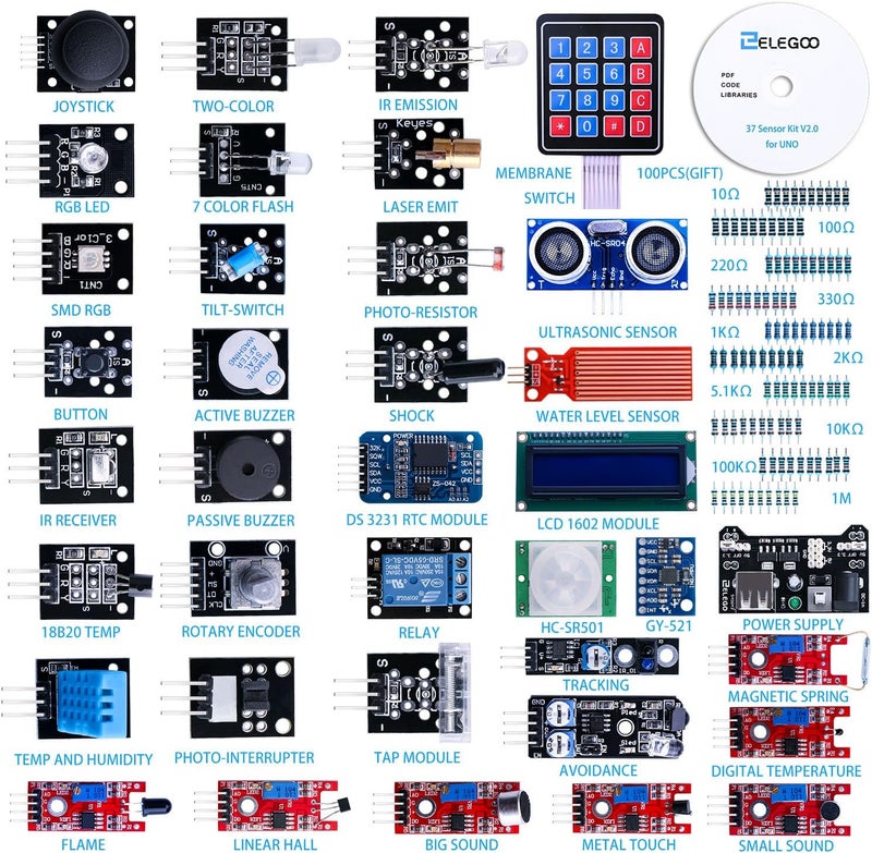 ELEGOO مجموعة وحدات الاستشعار المحسّنة 37 في 1 مع دليل متوافق مع R3 MEGA 2560 Nano - Image 1