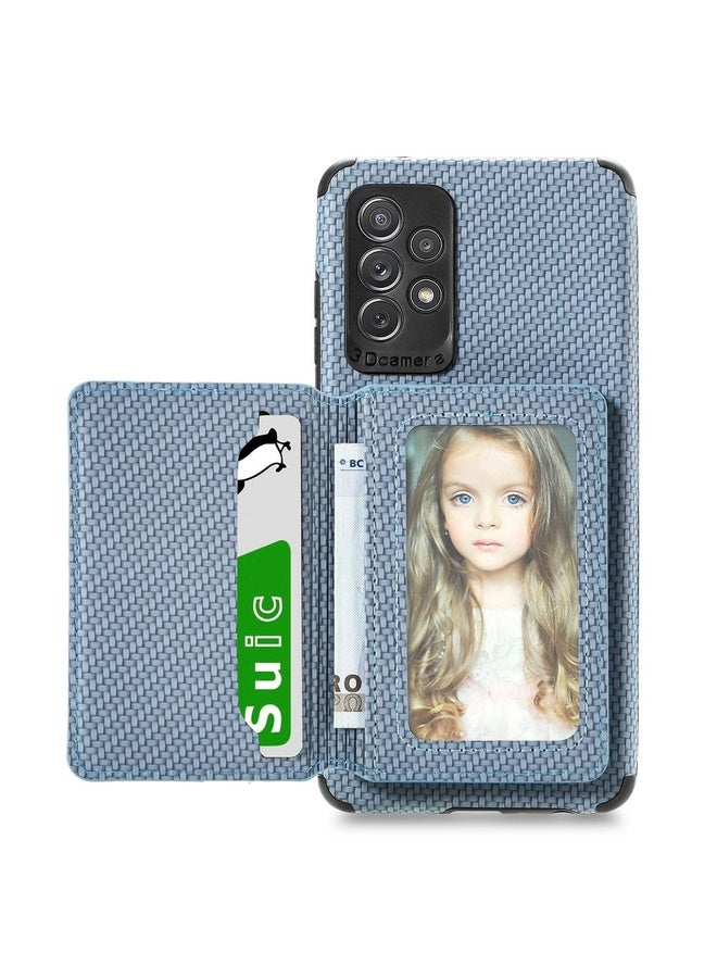 Case Cover For Samsung Galaxy A52 5G / 4G Carbon Fiber Magnetic Card Bag TPU+PU Shockproof Back Cover Case with Holder & Card Slot & Photo Frame(Blue)