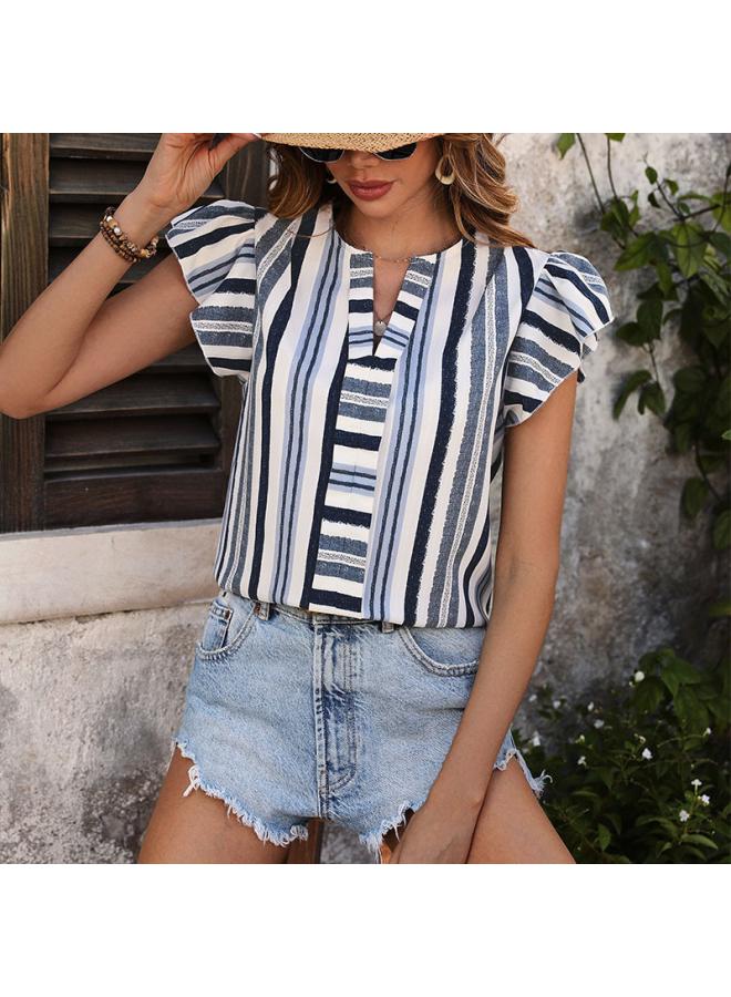 VUELO Summer New Top Contrast Striped Stitching Shirt European And American Women's Lotus Leaf Flying Sleeve Pullover Shirt  - Image 1