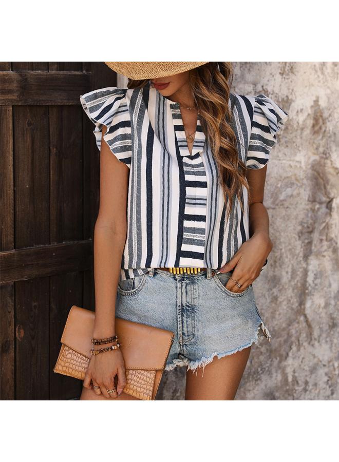 VUELO Summer New Top Contrast Striped Stitching Shirt European And American Women's Lotus Leaf Flying Sleeve Pullover Shirt  - Image 4