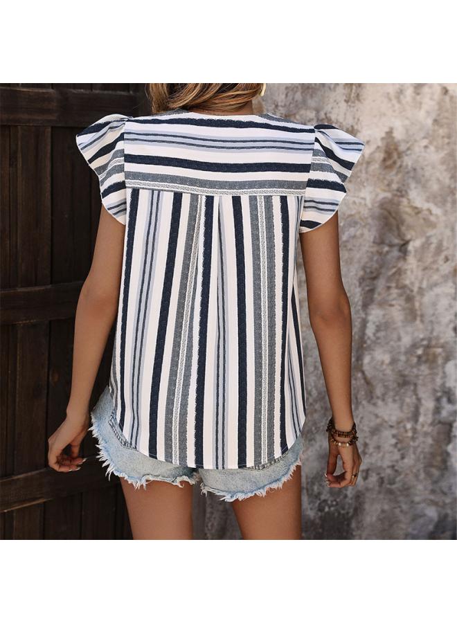 VUELO Summer New Top Contrast Striped Stitching Shirt European And American Women's Lotus Leaf Flying Sleeve Pullover Shirt  - Image 3