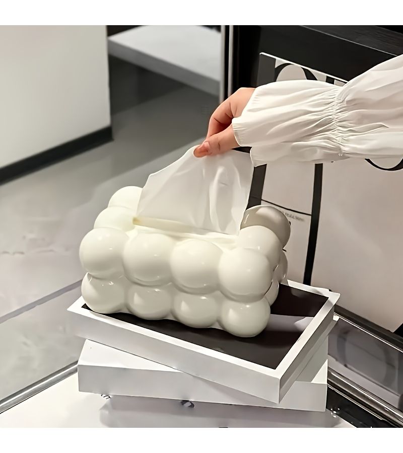 Cloud Shaped Glossy Plastic Tissue Box White Milk White Bubble Decorative Square Storage for Living Room Bedroom Bathroom Coffee Table Space Saving Tissue Holder - Image 4