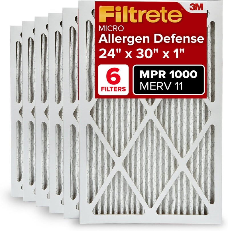 FILTRETE 24x30x1 AC Furnace Air Filter, MERV 11, MPR 1000, Micro Allergen Defense, 3-Month Pleated 1-Inch Electrostatic Air Cleaning Filter, 6 Pack (Actual Size 23.81x29.81x0.81 in) - Image 1
