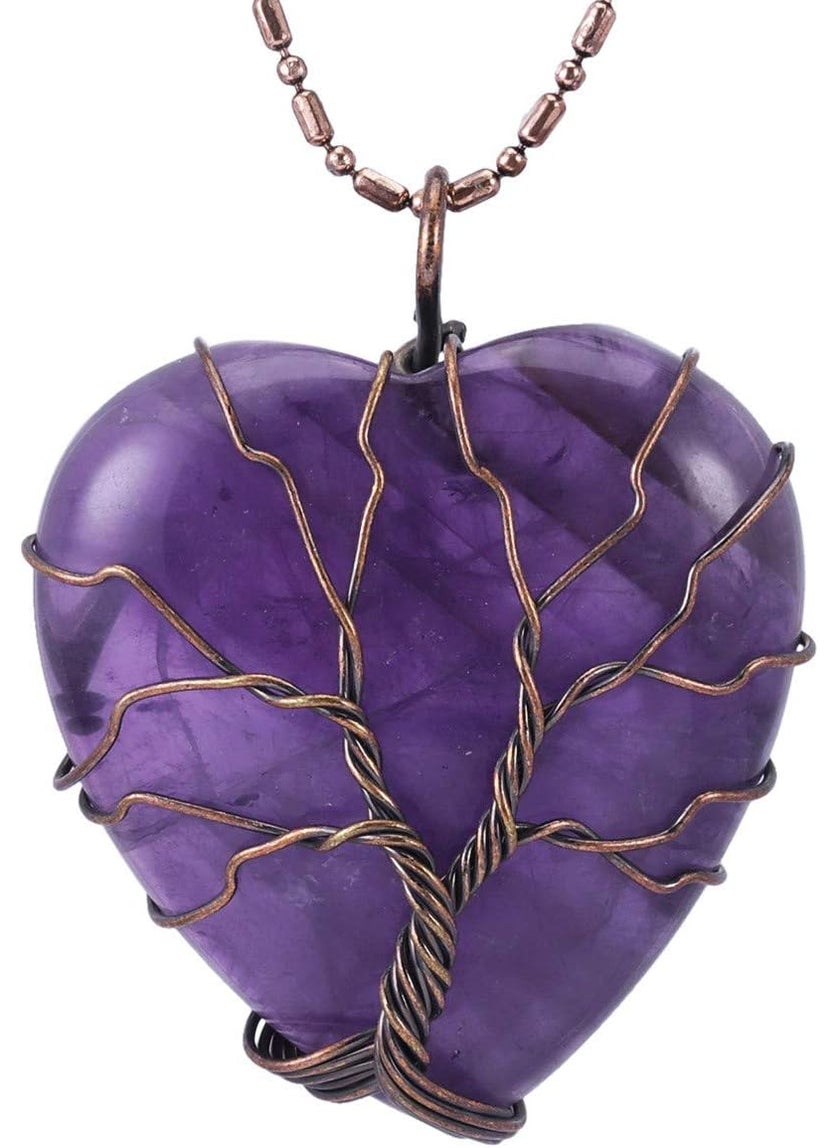 SUNYIK SUNYIK Natural Amethyst Crystal Pendant Necklace for Women, Handmade Copper Wire Wrapped Heart Love Healing Reiki Crystal Jewelry 