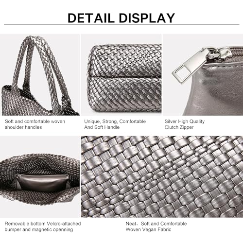 Queenoris Woven Bag for Women, Fashion Top Handle Shoulder Bag Vegan Leather Shopper Bag Large Travel Tote Bag (Silver) - Image 4
