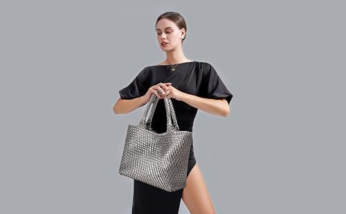 Queenoris Woven Bag for Women, Fashion Top Handle Shoulder Bag Vegan Leather Shopper Bag Large Travel Tote Bag (Silver) - Image 2