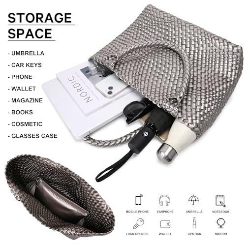 Queenoris Woven Bag for Women, Fashion Top Handle Shoulder Bag Vegan Leather Shopper Bag Large Travel Tote Bag (Silver) - Image 5