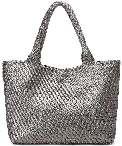 Queenoris Woven Bag for Women, Fashion Top Handle Shoulder Bag Vegan Leather Shopper Bag Large Travel Tote Bag (Silver) - Image 1