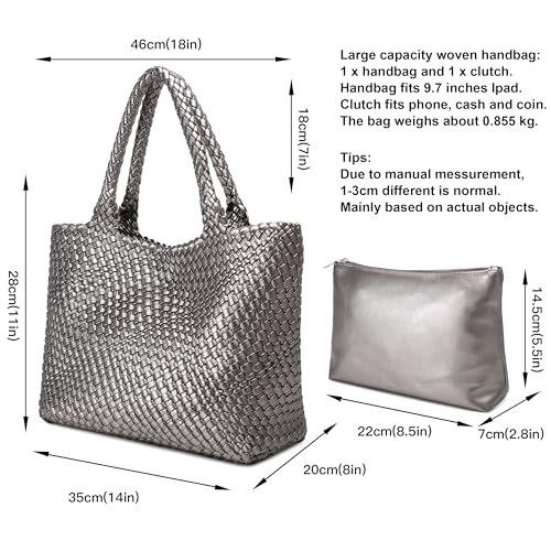 Queenoris Woven Bag for Women, Fashion Top Handle Shoulder Bag Vegan Leather Shopper Bag Large Travel Tote Bag (Silver) - Image 3