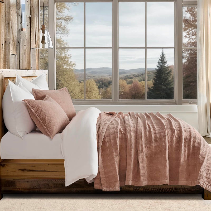 EVERGRACEHOME Stonewashed Cotton Quilt Set King Size Ultra Soft Oversized Bedspread Coverlet Set Lightweight Crinkle Box Stitch Bedding Sets for All Season with 2 Shams Terracotta Clay