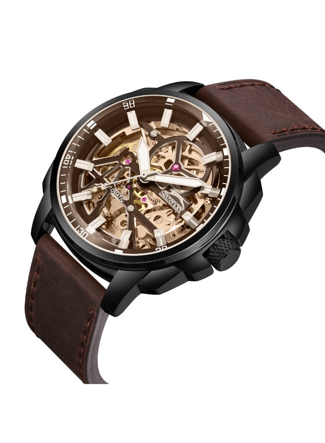 سلازنجر ساعة رجالية أوتوماتيكية بشاشة مع حزام جلد بني داكن - Image 4