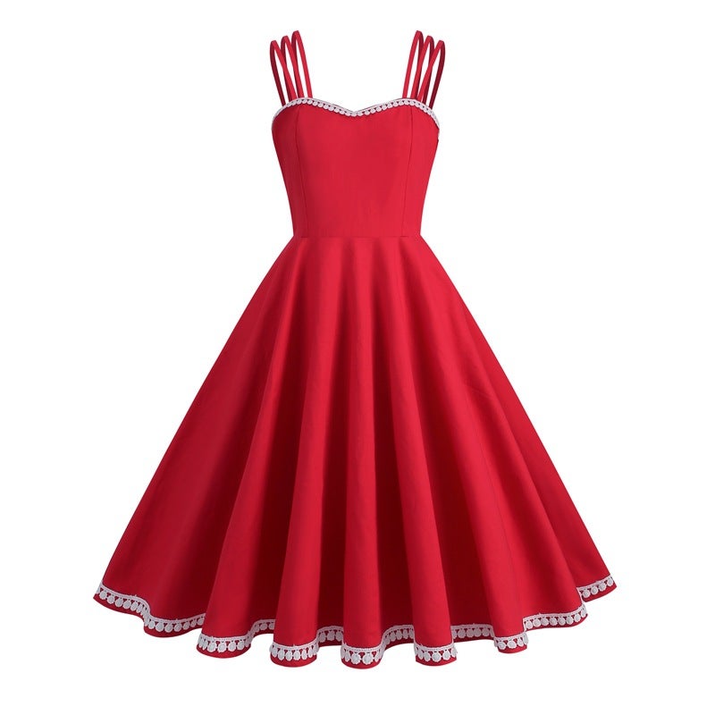 Vintage Solid Spaghetti Strap A-Line Dress - Image 1