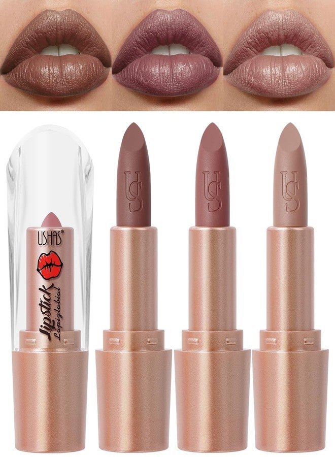 USHAS 3Pcs Lipstick Set - Long Lasting Lip Makeup, Brown & Nudes lipstick for women, Full Coverage Lip Color, Matte Non-Stick Lipstick Makeup for Women (Set 3 (07+08+09), 3Pcs) - Image 1