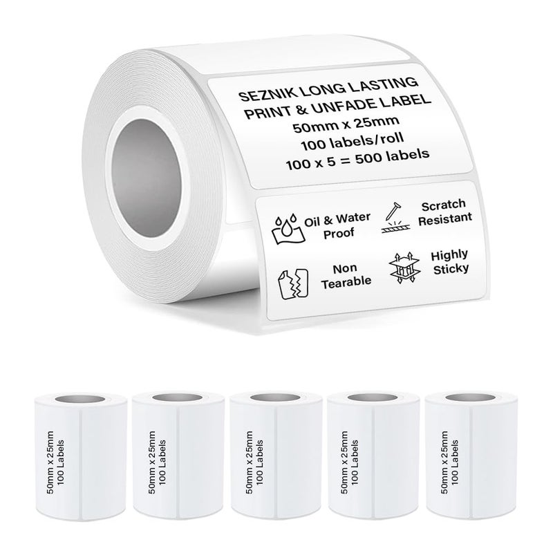 SEZNIK Waterproof, Non-Tearable, Sticky Thermal Lables, Label Roll, 2 inch Adhesive Thermal Labels for Label Printers (50mmx25mm - 500 Lables), 500 Labels - Image 1