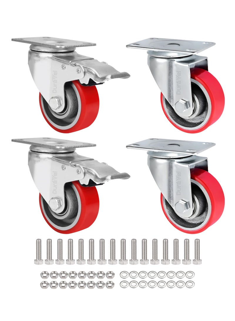 درافل عجلات دورافيل البولي يوريثان (PU) الصامتة - مجموعة من 4 عجلات متينة مزودة بفراملين وعجلتين دوارتين، عجلات صناعية قابلة للقفل للأثاث ومنضدة العمل، مع براغي (أحمر، 3 بوصات) - Image 1